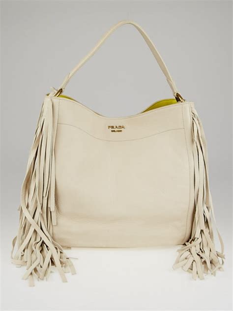 Prada Talco Cervo Leather Fringe Hobo Bag BR4975